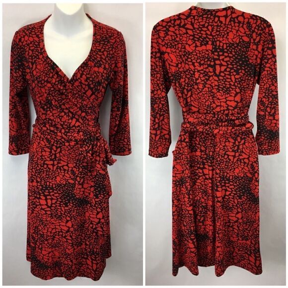 David Meister Red/Black Animal Print 3/4 Sleeves Wrap Dress - Picture 1 of 16